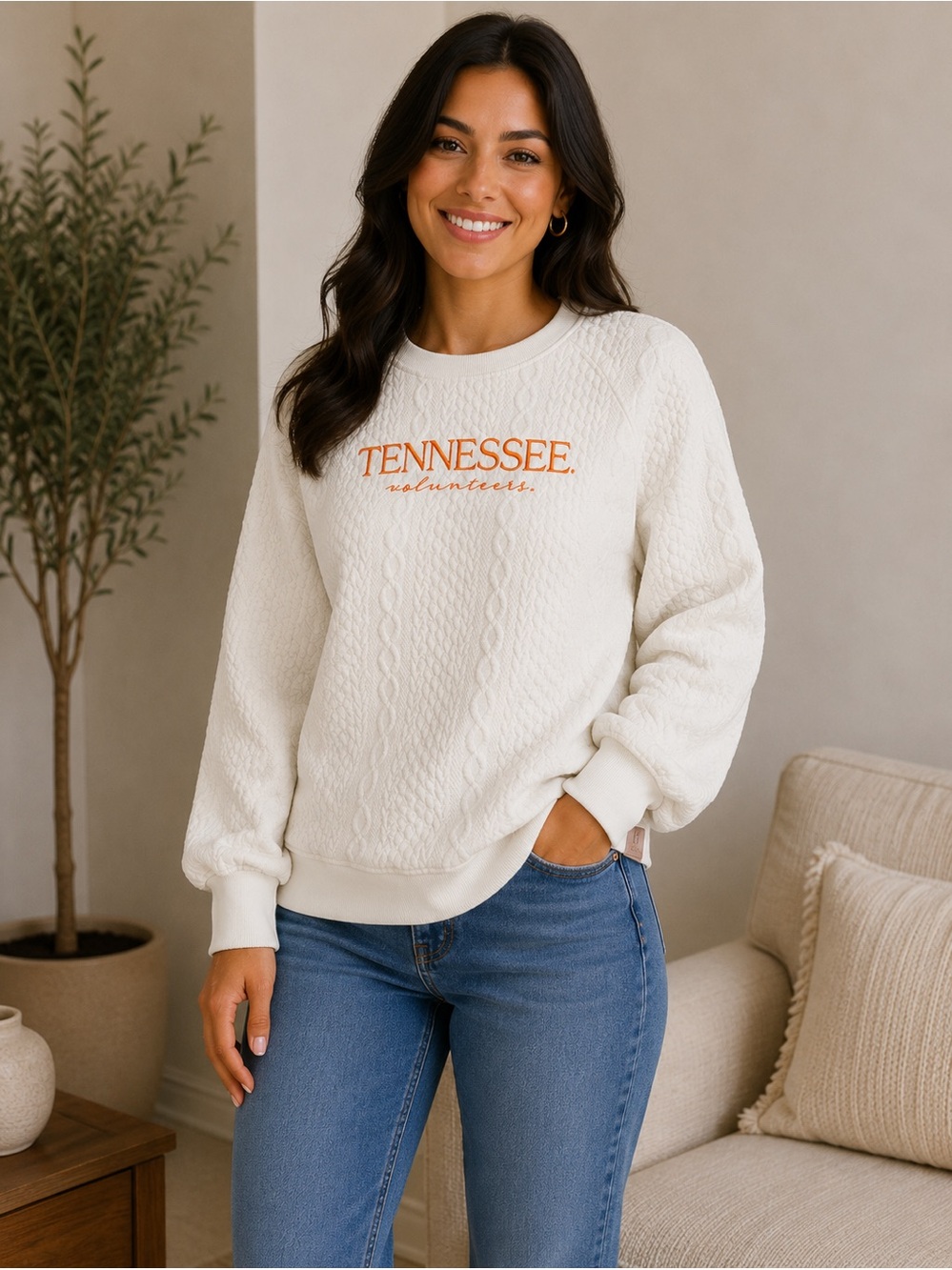 Pressbox White Cable-Knit Crewneck with Orange Tennessee Embroidery